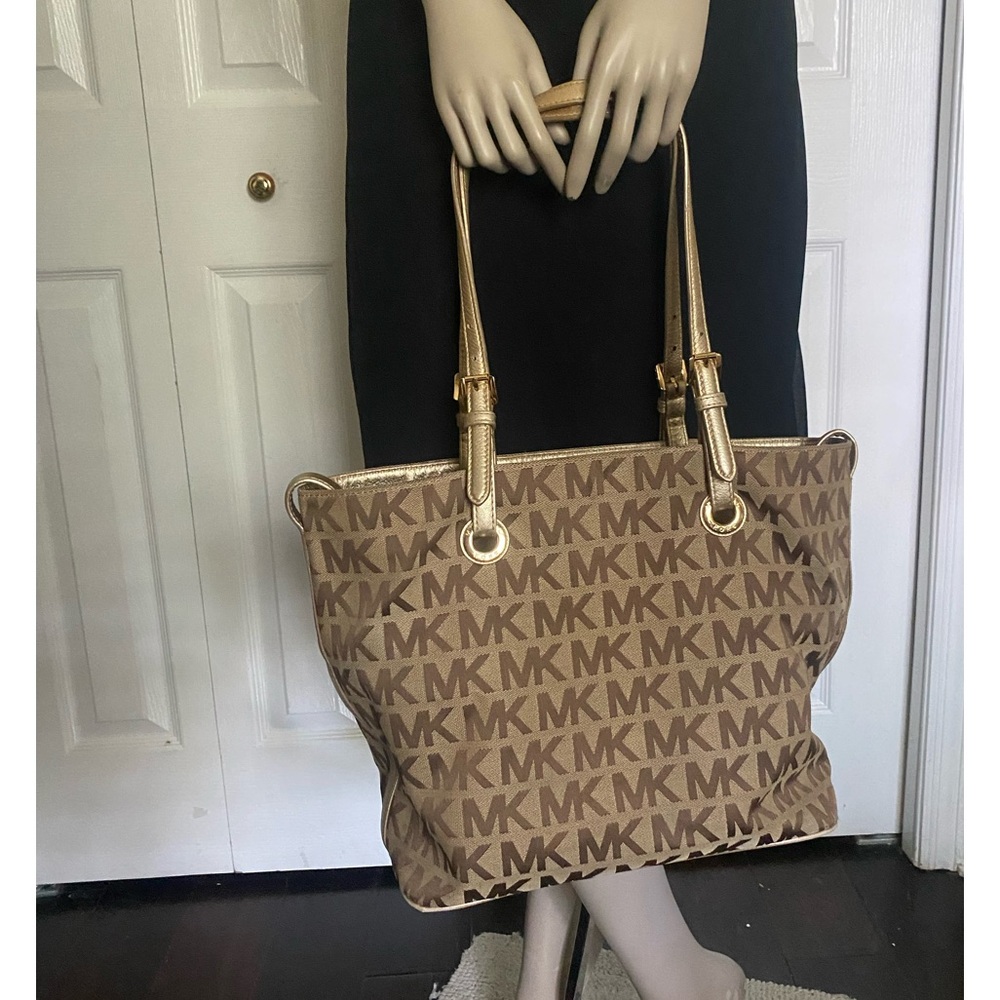 Michael Kors Brown and Gold Tote Bag with Signature MK Design - Picture 2 of 16